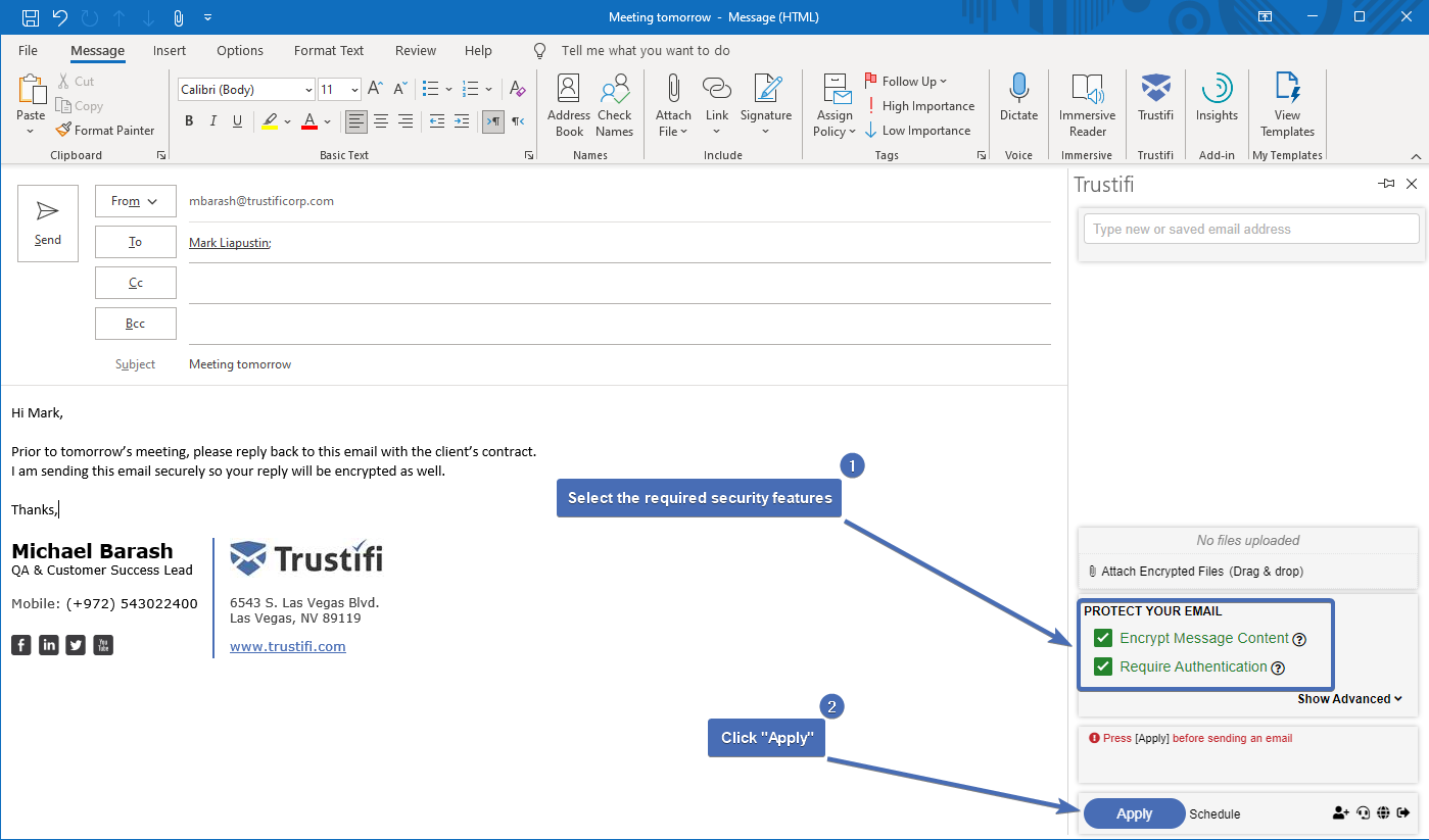 Applying security features to the email