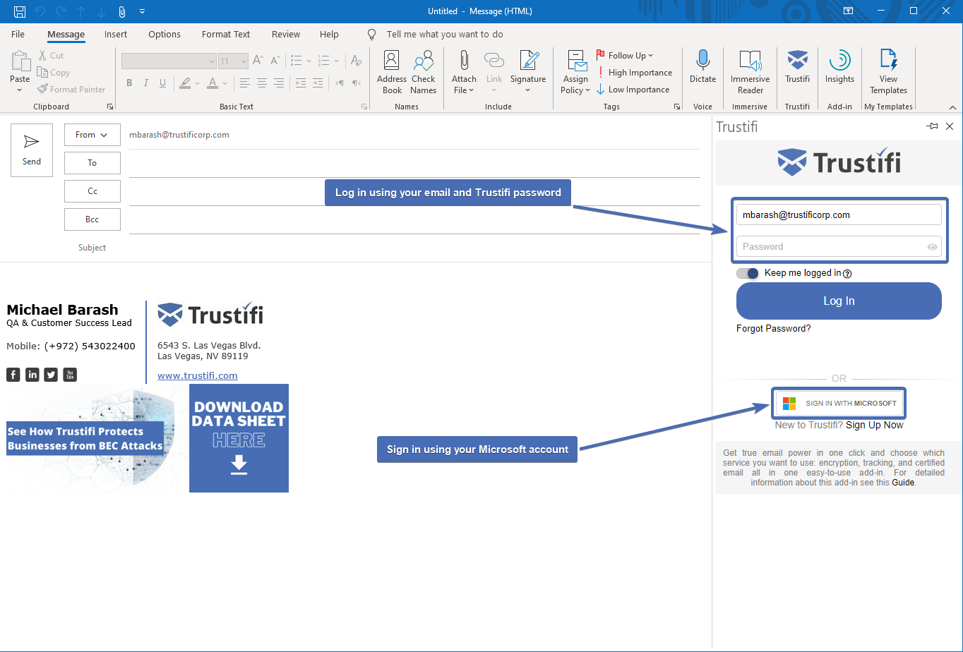 Logging into the Trustifi Outlook add-in