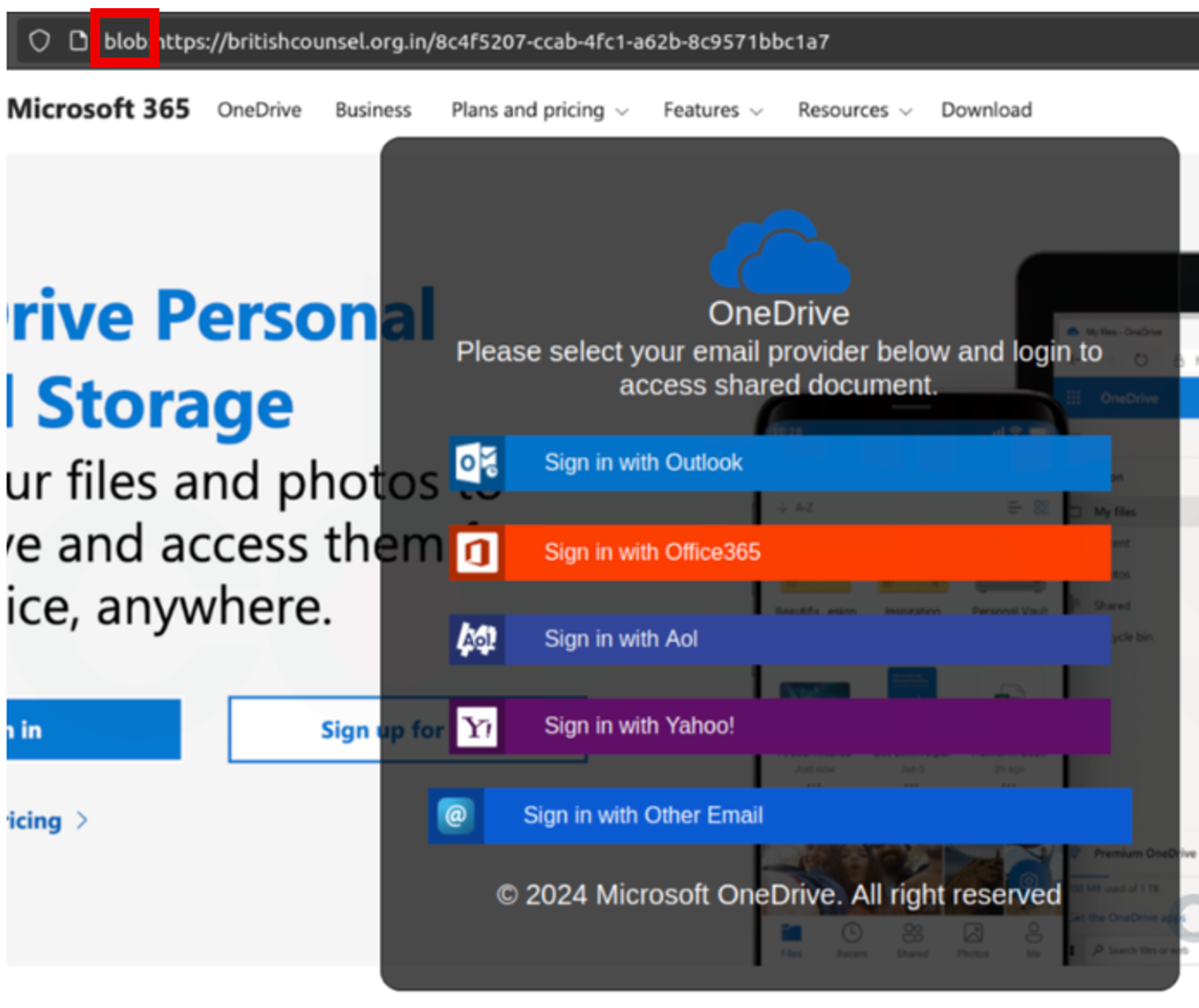A blog URI page spoofing a OneDrive login