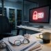 Cluttered office desk with cybersecurity warning on monitor
