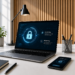 Laptop displaying encrypted cybersecurity protection on office desk.