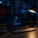 Secure login screen displayed in dimly lit cybersecurity office.