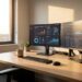 Workspace with dual monitors displaying data charts and graphs