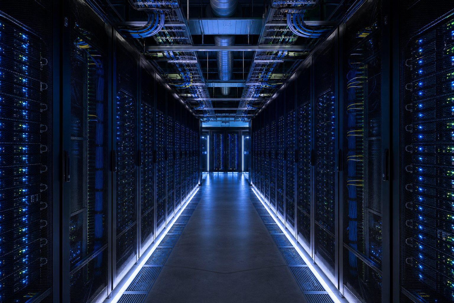 A dimly lit data center corridor with blue lights.