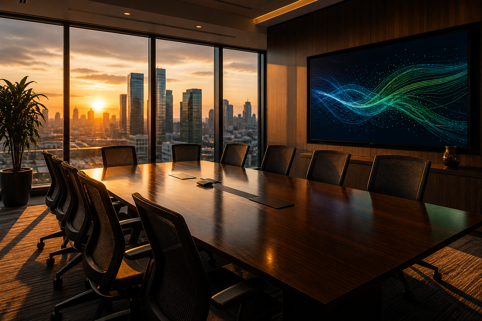 Elegant boardroom with city skyline and digital display.