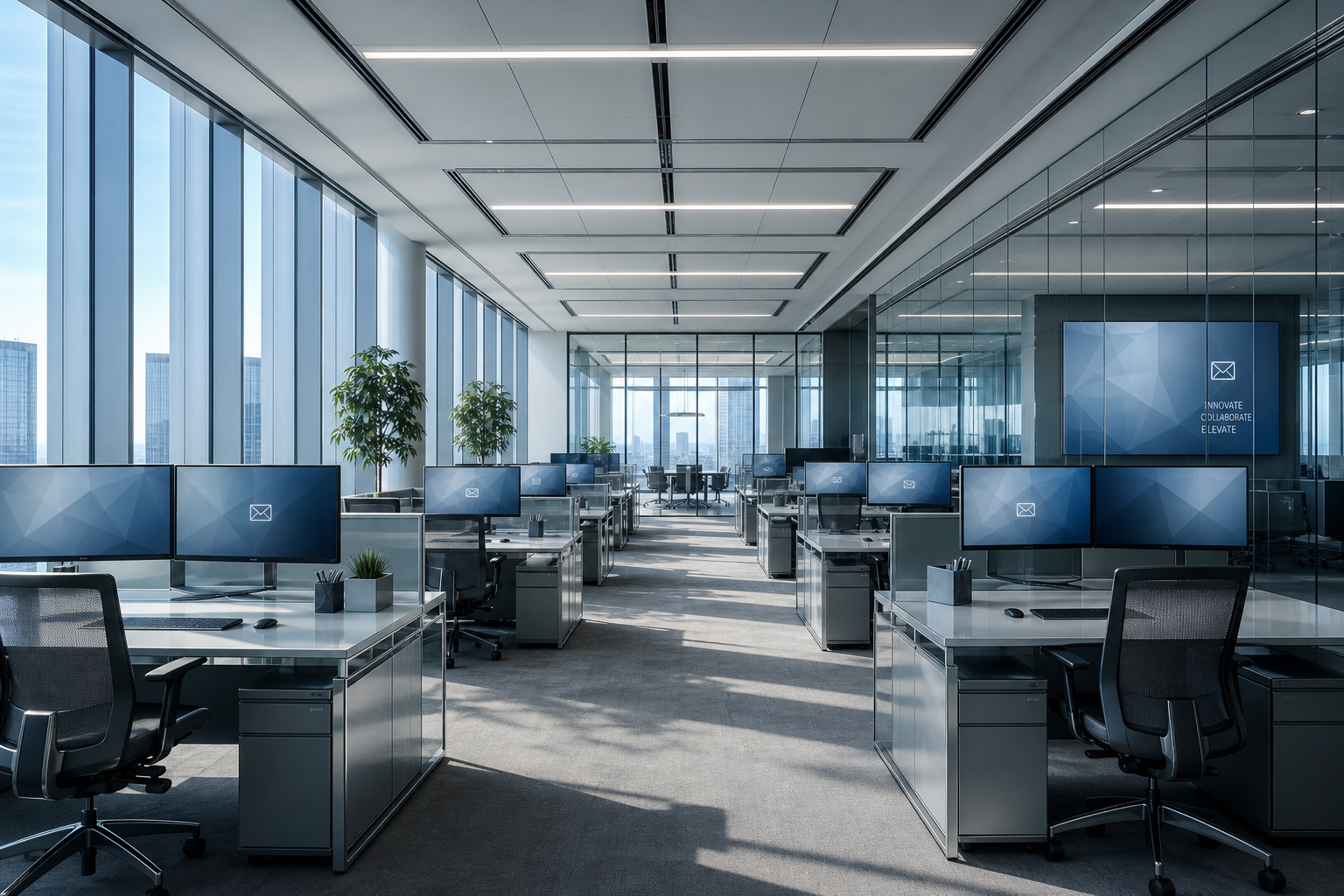 Modern open-plan office with large windows and workstations.