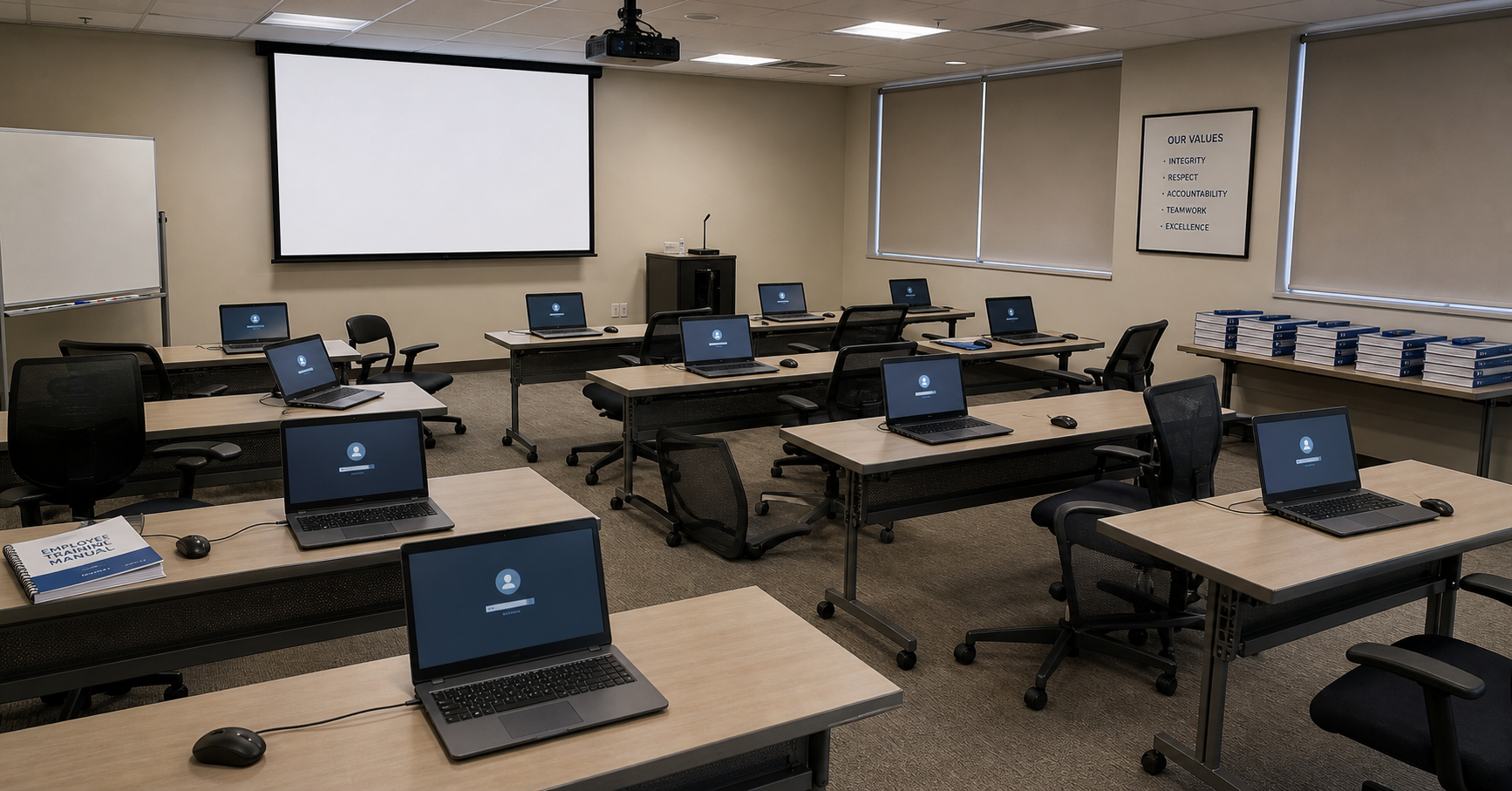 Training room with laptops and employee manuals on desks