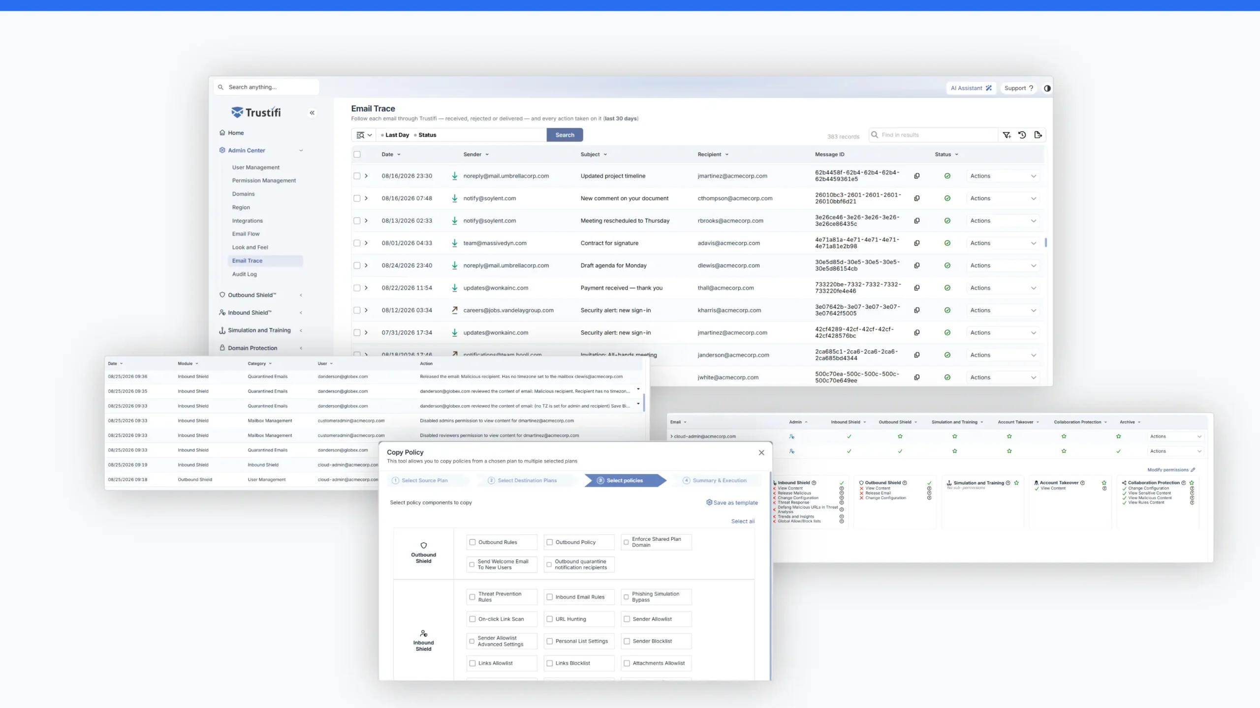 Trustifi Admin Center showing centralized tools for managing users, permissions, email flow, and other administrative settings.