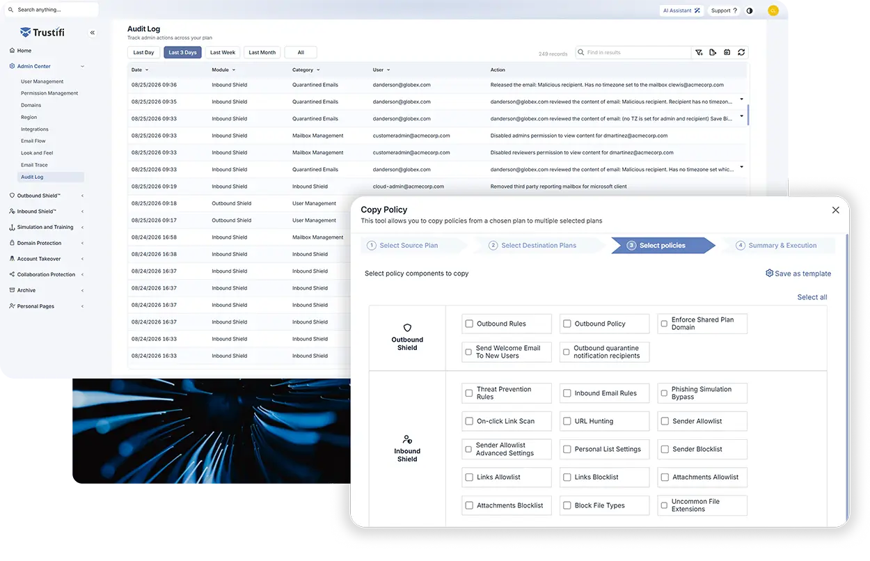 Trustifi Admin Center Copy Policy wizard for applying email security configurations across multiple plans.