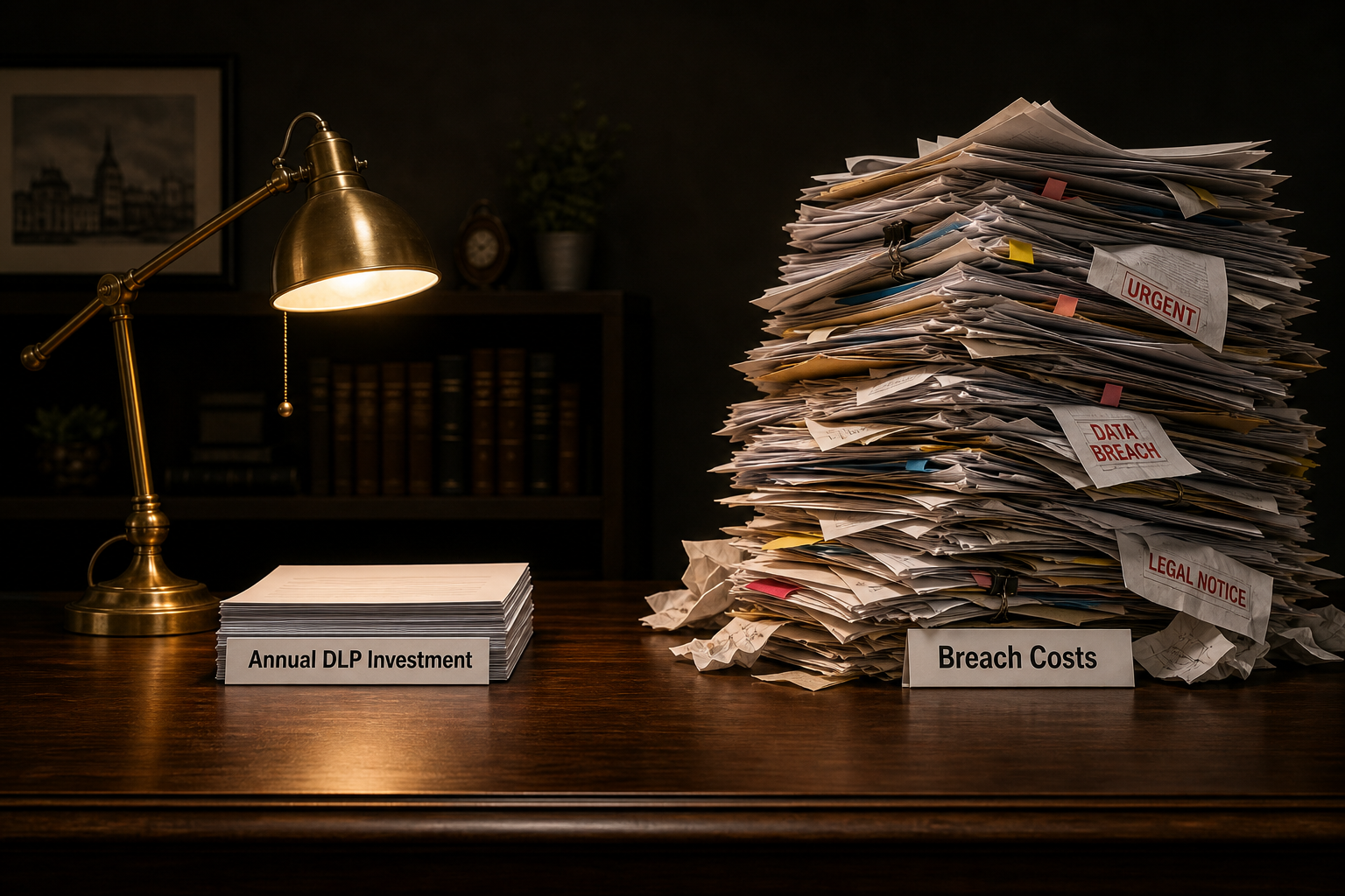 stack of papers labeled breach costs next to lamp