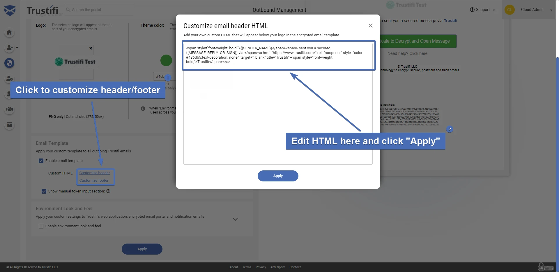 Customizing the header/footer HTML