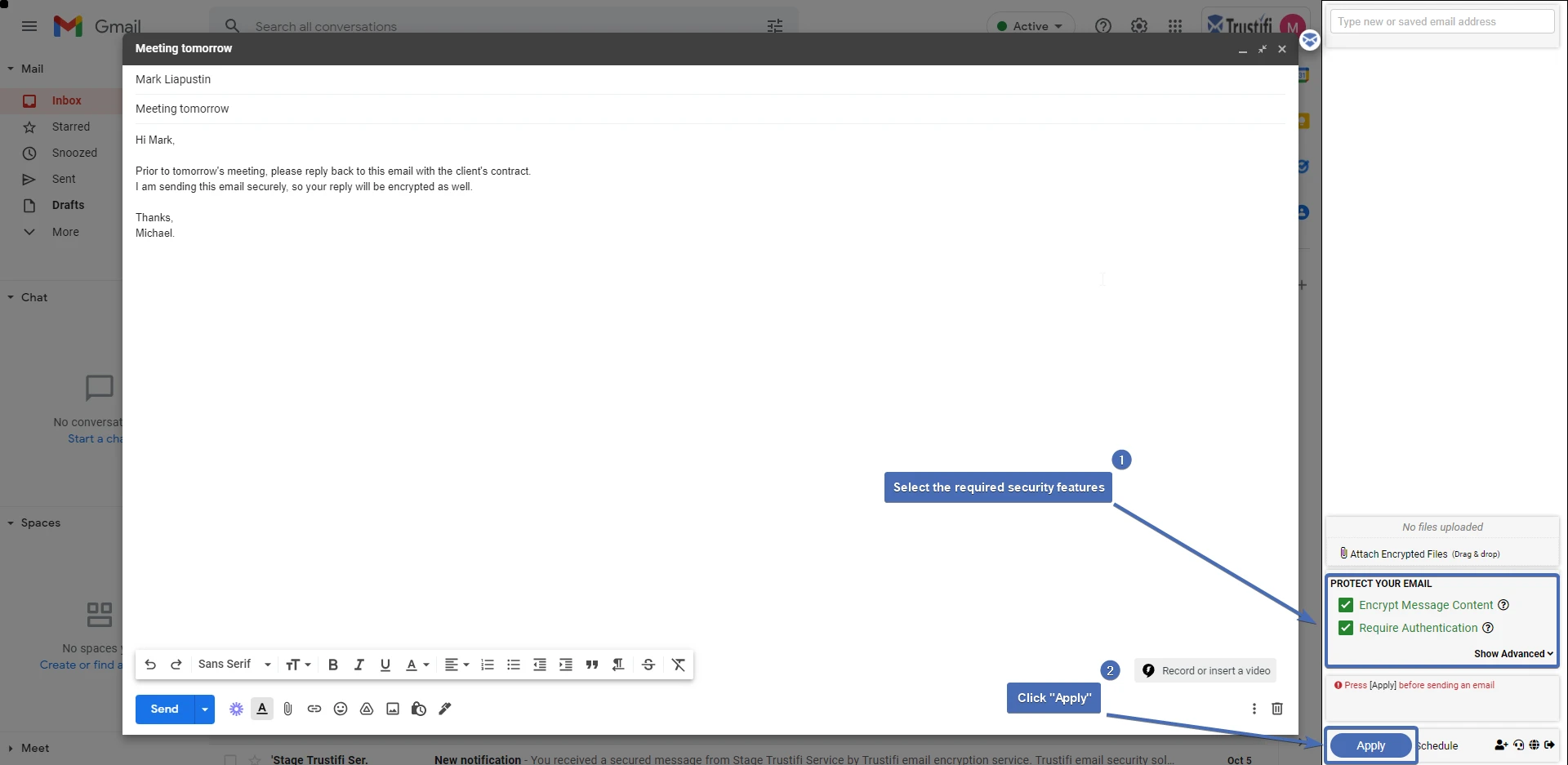 Applying security features to the email