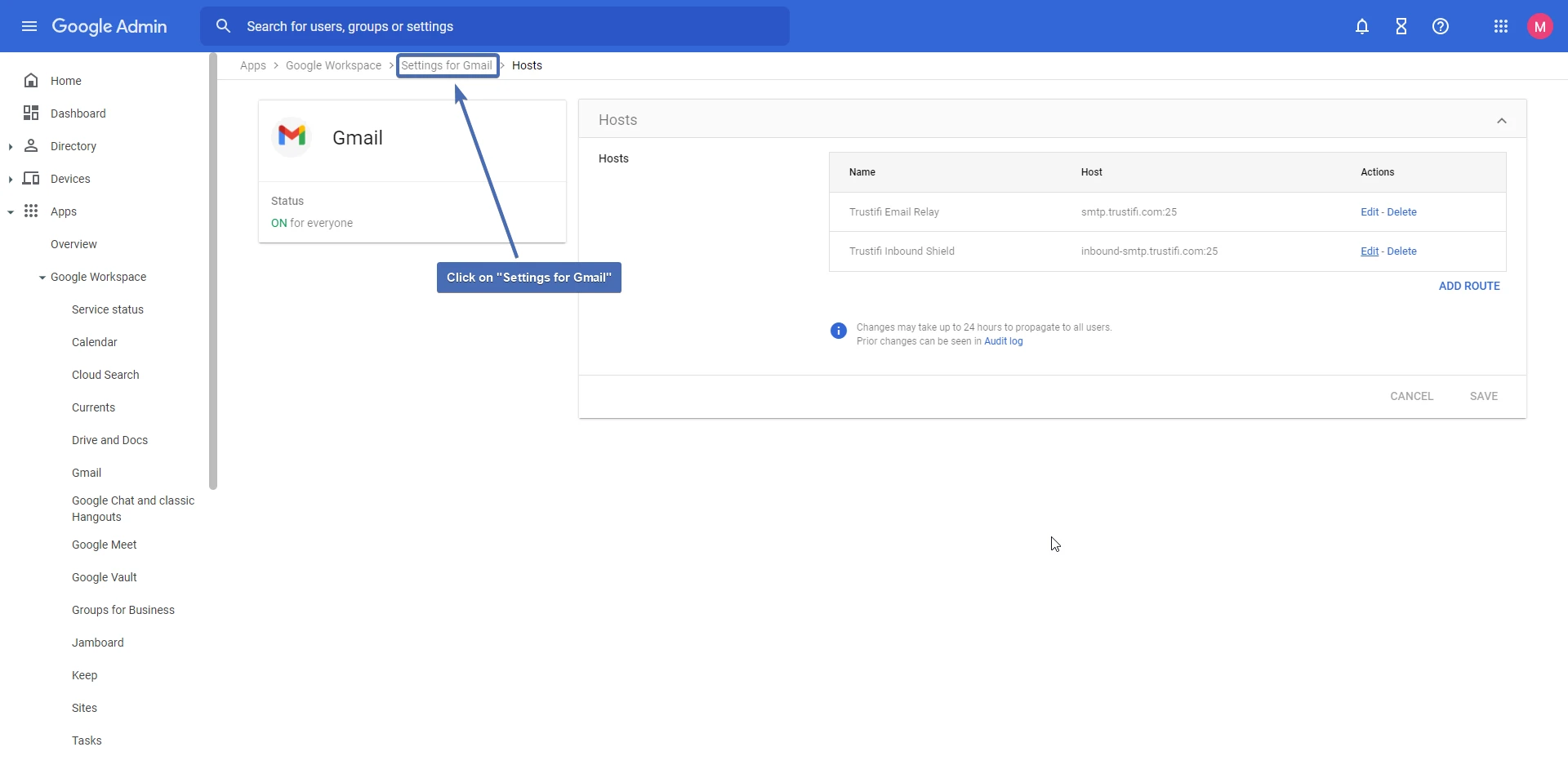 Navigating to "Settings for Gmail"