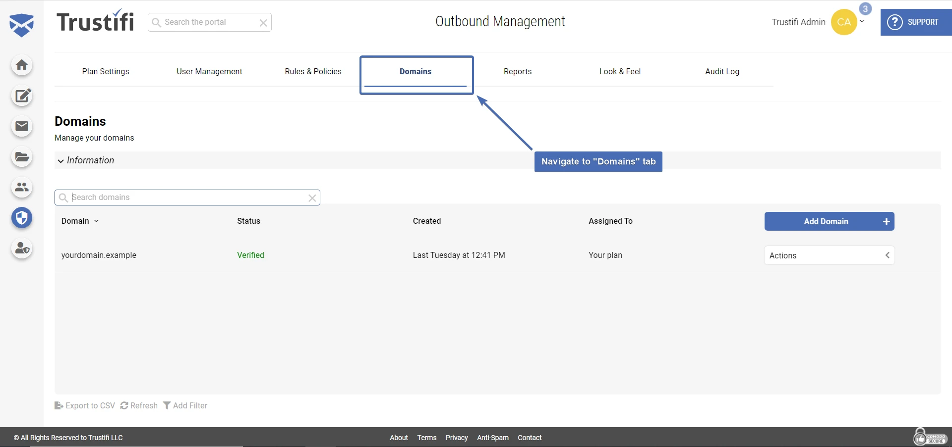 Navigating to "Domains"