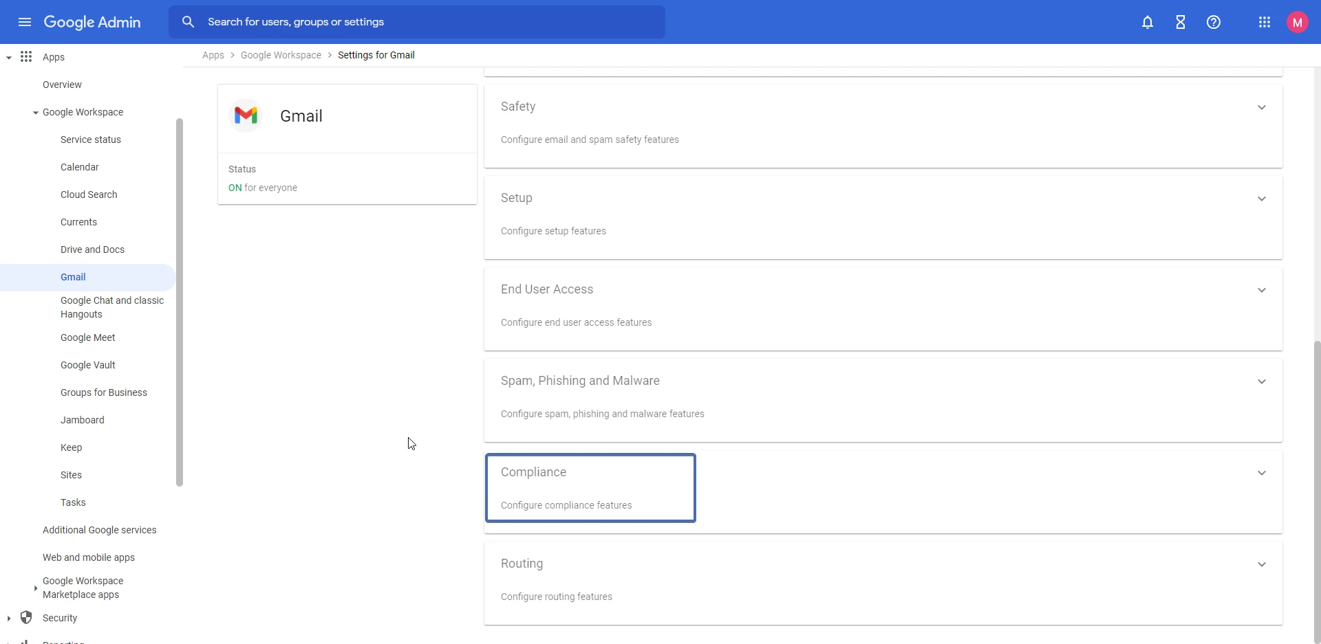 Navigating to "Compliance"