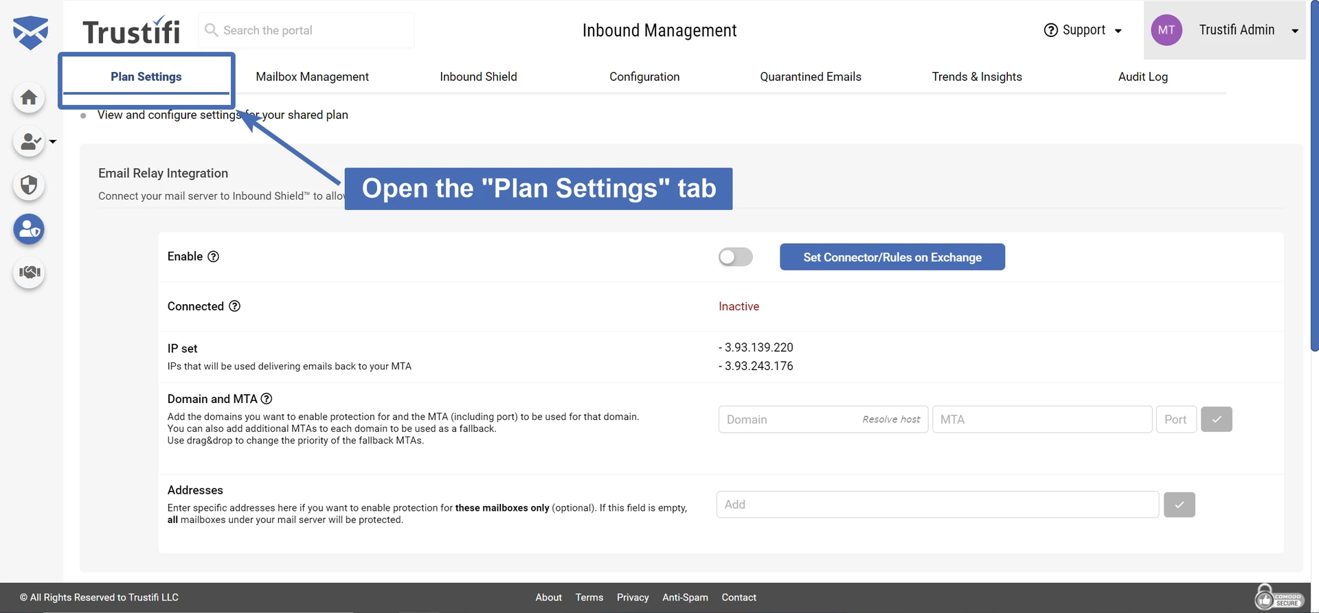 Opening the "Plan Settings" tab