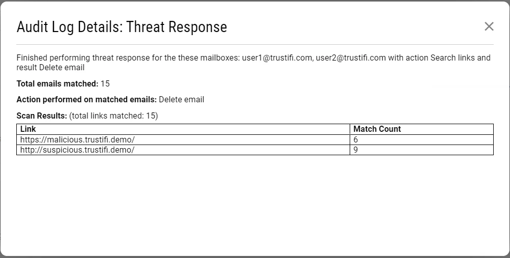 Threat Response results window