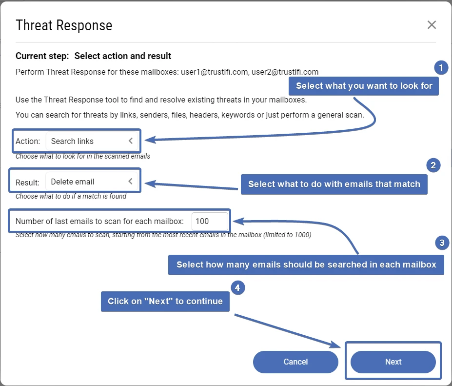 Selecting the action and result