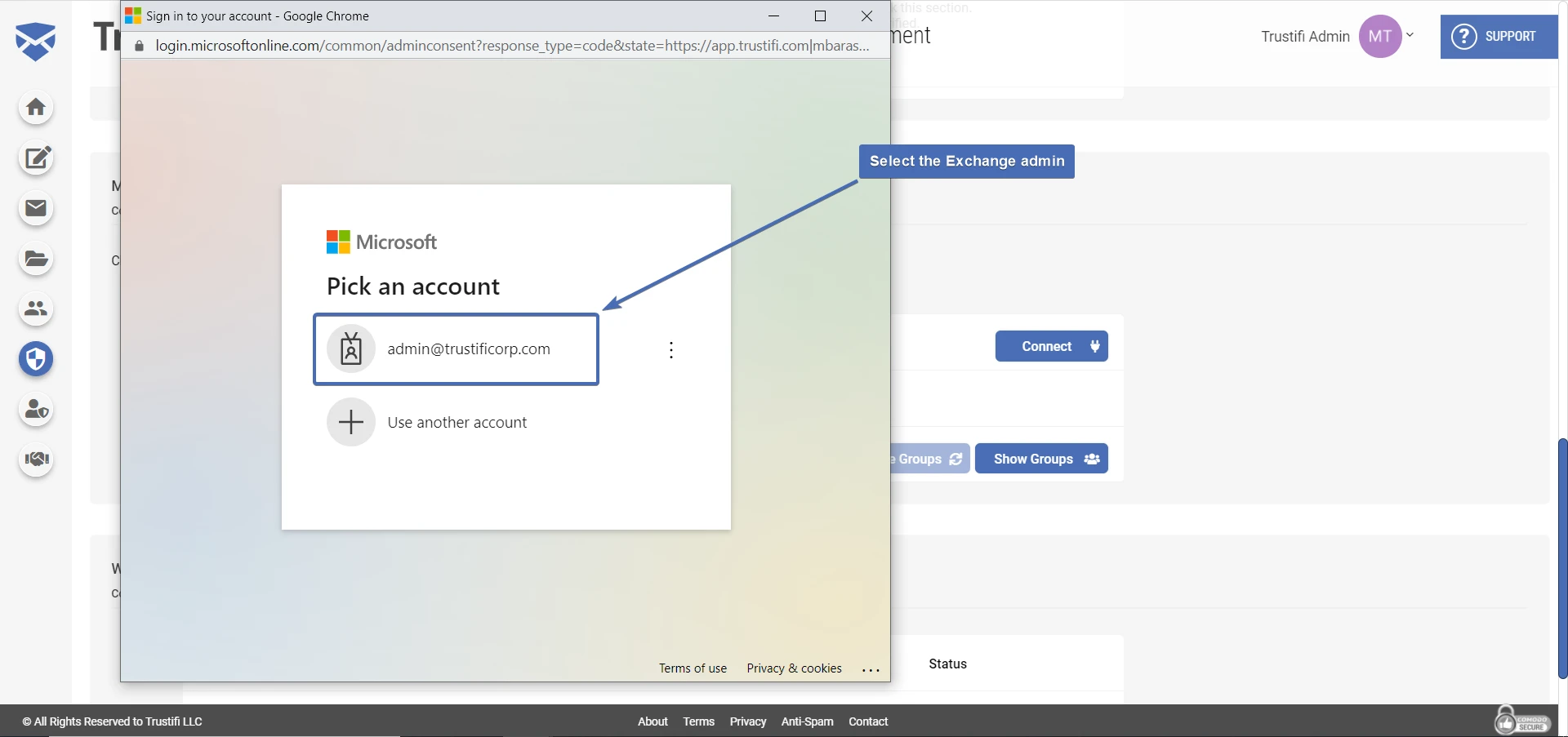 Entering your Exchange admin credentials