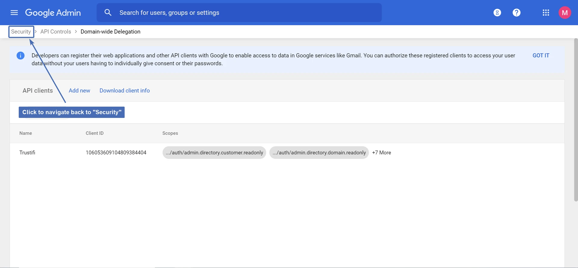 Navigating back to "Security"