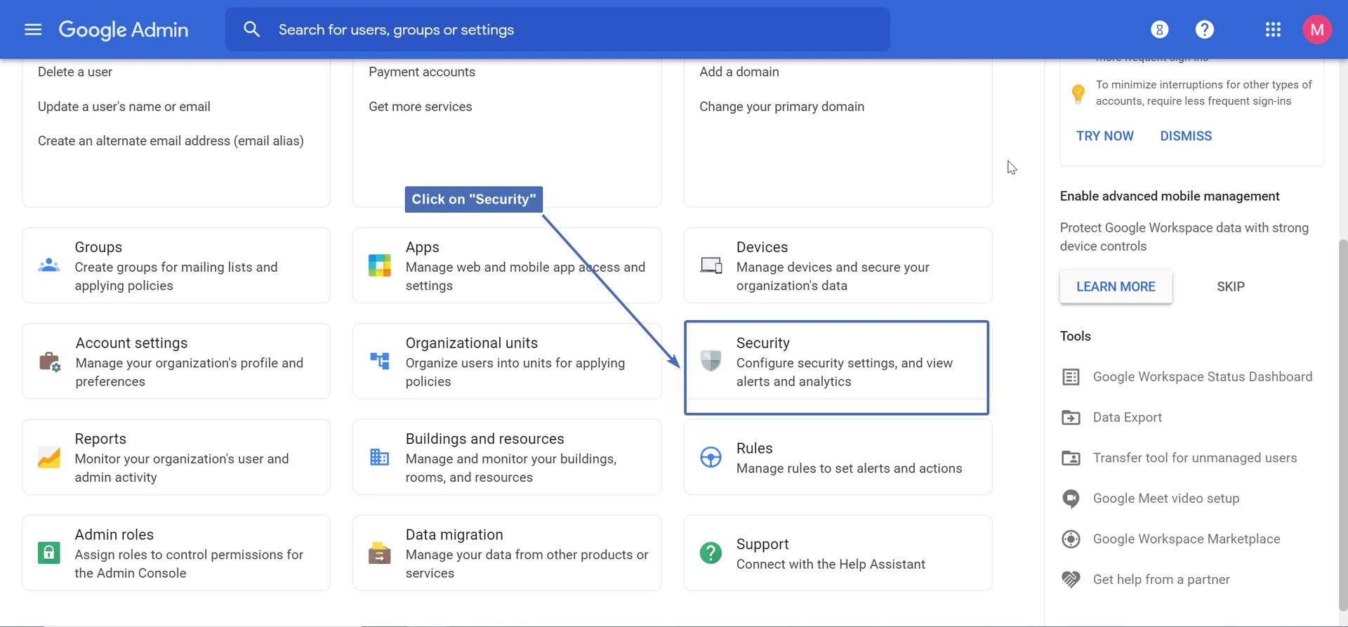 Navigating to "Security"
