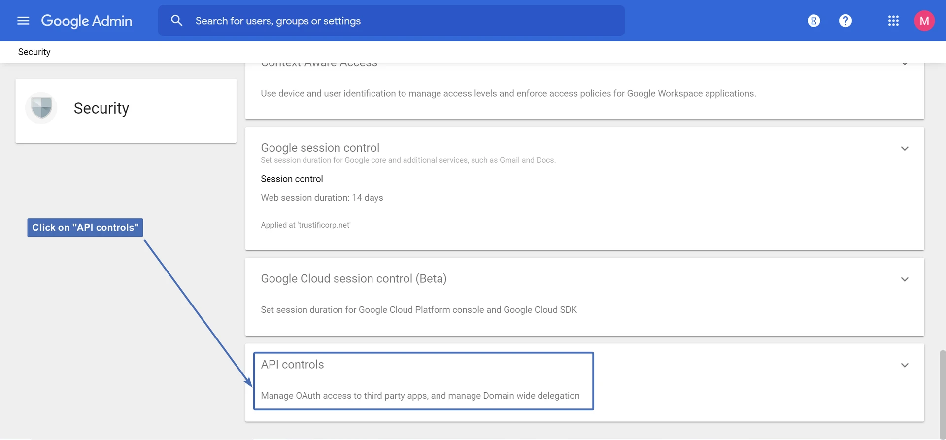 Navigating to "API Controls"