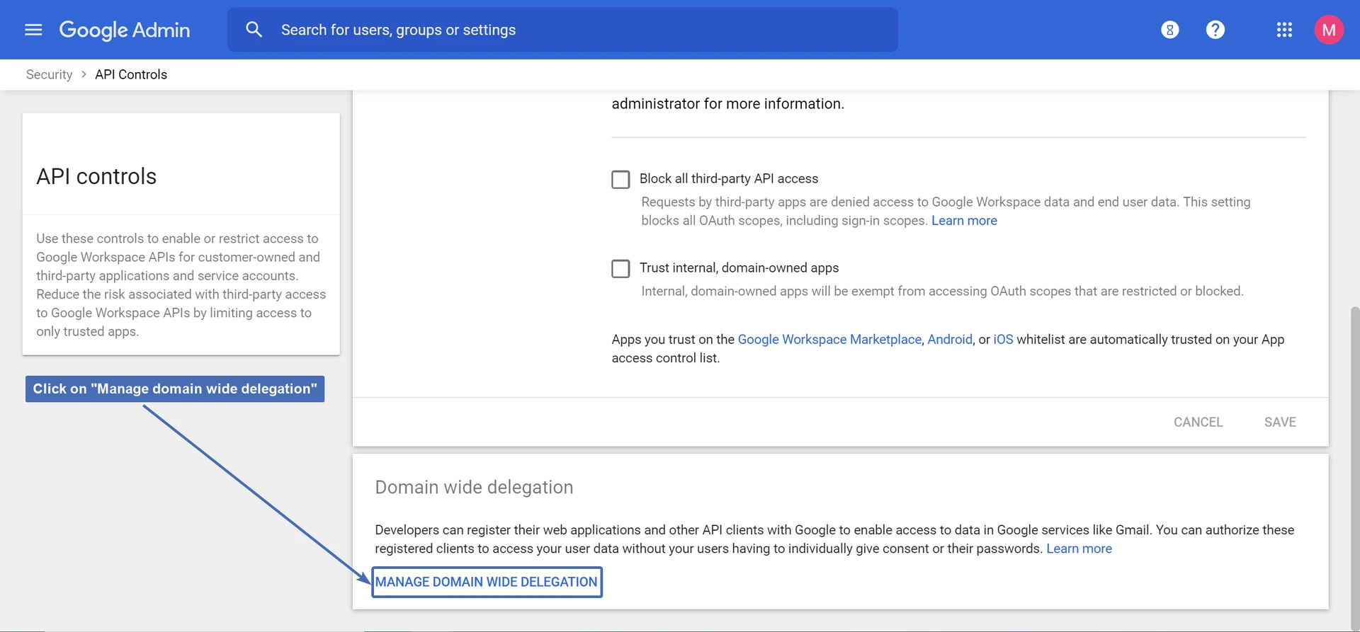 Navigating to "Domain wide delegation"