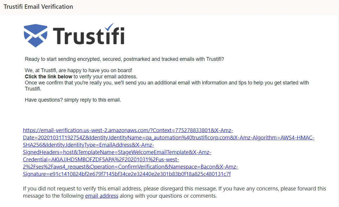 The Trustifi verification email